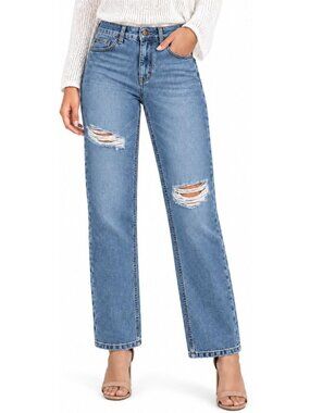 Mid Rise Straight Wide Leg Distressed Jeans for Women - Trendy Casual Style